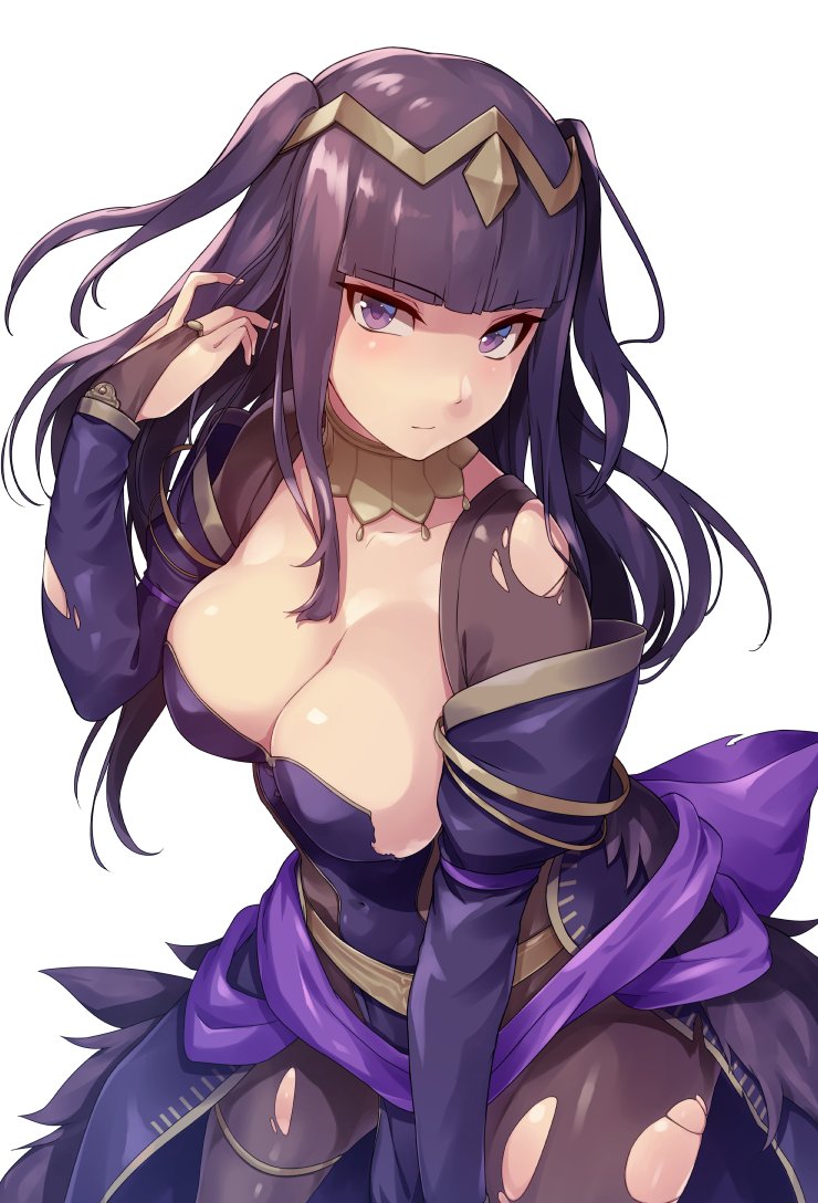 1girl, bangle, black_hair, bodystocking, bodysuit, bracelet, breasts, bridal_gauntlets, cape, cleavage, covered_navel, dress, female_focus, fire_emblem, fire_emblem_awakening, fire_emblem_heroes, jewelry, large_breasts, leaning_forward, long_hair, looking_at_viewer, nintendo, purple_eyes, purple_hair, sajittari, simple_background, skin_tight, smile, solo, standing, tharja_(fire_emblem), tharja_(obsessive_bride)_(fire_emblem), tiara, torn_clothes, two_side_up, wedding_dress, white_background