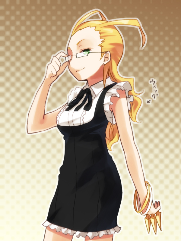 1girl, adjusting_eyewear, alternate_costume, alternate_hair_length, alternate_hairstyle, antenna_hair, arrow_(symbol), bangle