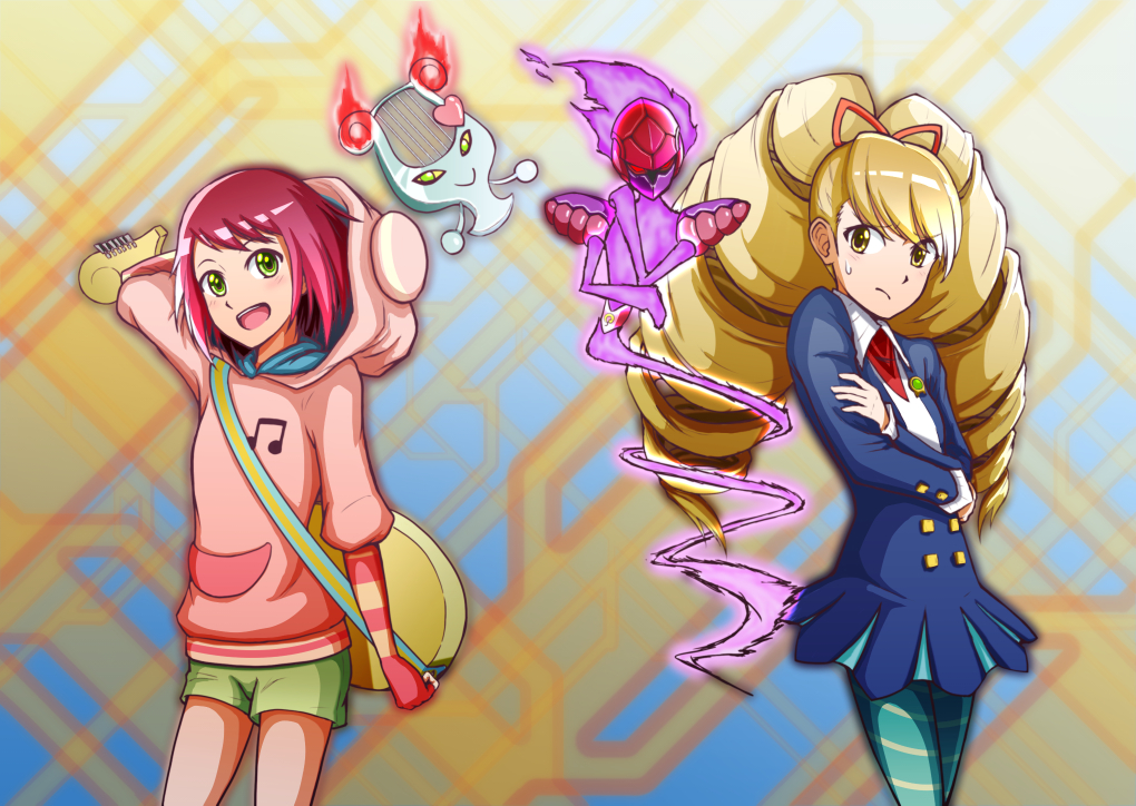 2girls, abanasosu, arm_behind_head, big_hair, blonde_hair, blue_legwear, blush, capcom