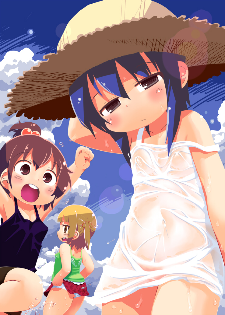 3girls, bike_shorts, blue_hair, brown_eyes, brown_hair, cloud, cloudy_sky, covered_navel, day, dress, gabyo_nuno, hair_bobbles, hair_ornament, hat, long_hair, looking_at_viewer, marui_futaba, marui_hitoha, marui_mitsuba, mitsudomoe_(manga), multiple_girls, panties, red_hair, short_hair, siblings, sisters, sky, straw_hat, sundress, tank_top, twintails, underwear, wet, wet_clothes