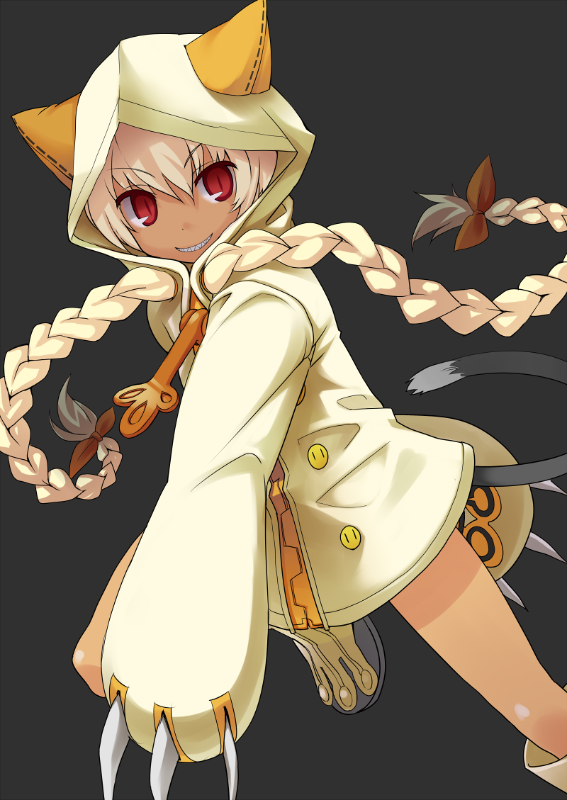 1girl, animal_ears, animal_hood, arc_system_works, blazblue, blonde_hair, braid, cat_ears, cat_hood, cat_tail, claws, dark-skinned_female, dark_skin, doriruman, female_focus, grin, hood, hoodie, long_hair, red_eyes, smile, solo, tail, taokaka, twin_braids