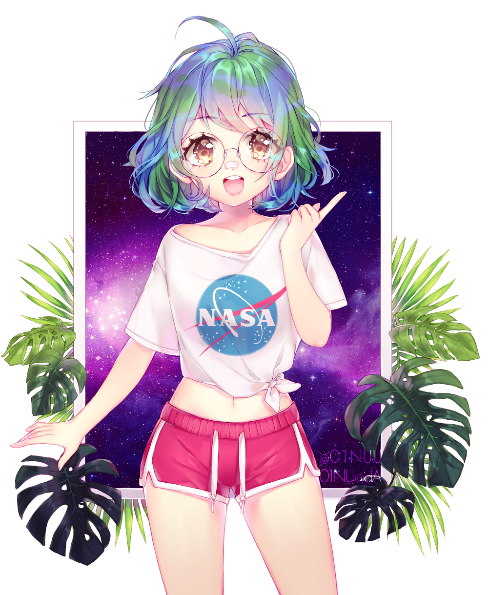 01nu, 1girl, ahoge, bandaid, bandaid_on_face, bandaid_on_nose, blue_hair, brown_eyes, collarbone, cowboy_shot, earth-chan, earth_(planet), female_focus, glasses, highres, logo, nasa_logo, navel, open_mouth, original, planet, print_shirt, round_eyewear, shirt, short_hair, short_shorts, short_sleeves, shorts, smile, solo, standing, t-shirt, teeth, upper_body, upper_teeth_only, yellow_eyes