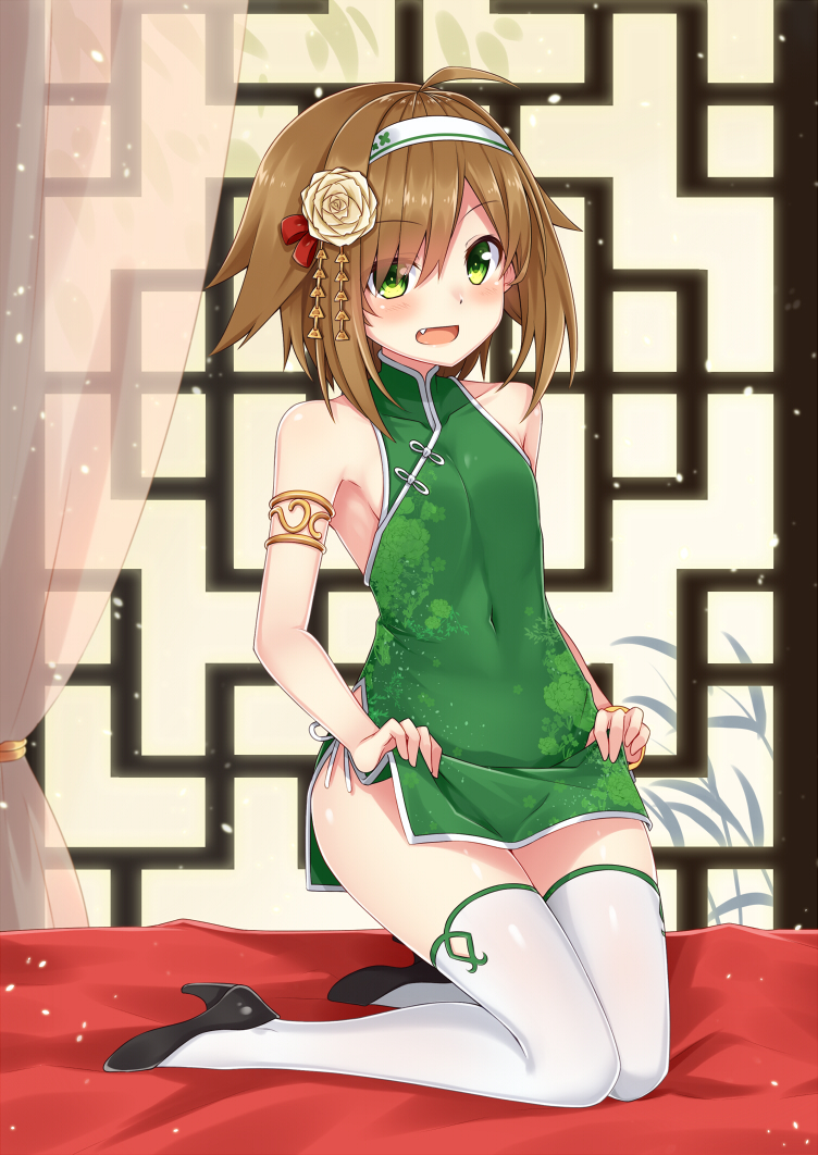 1girl, armlet, blush, brown_hair, china_dress, chinese_clothes, clothes_lift, dress
