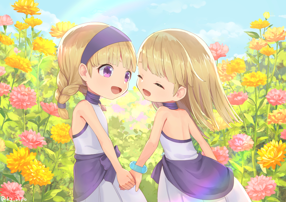 2girls, :d, aged_down, bare_arms, bare_shoulders, blonde_hair, blue_sky, blunt_bangs