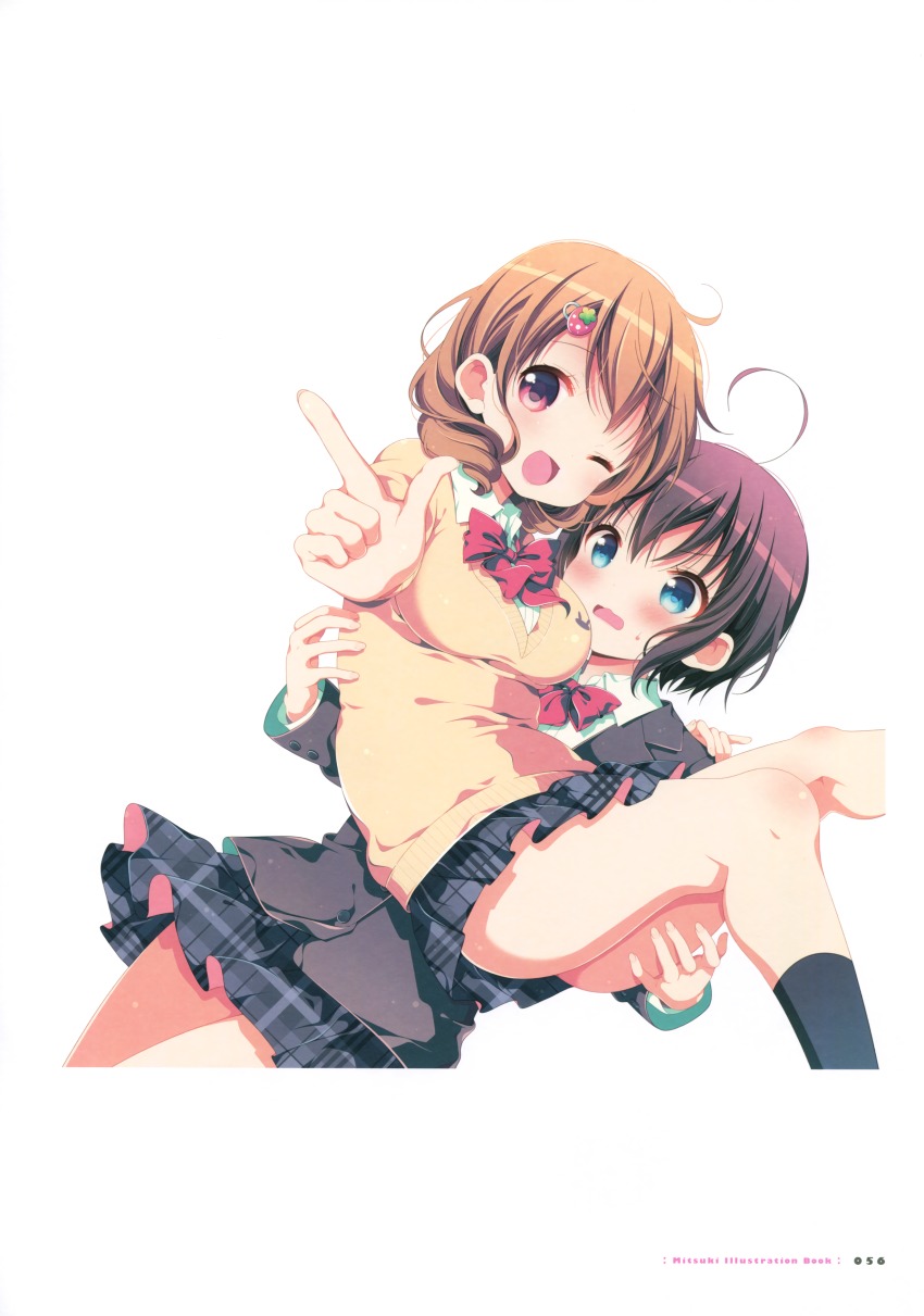 2girls, ;d, absurdres, ahoge, blue_eyes, blush, brown_eyes, brown_hair