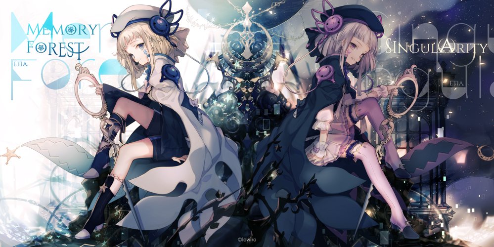 2girls, album_cover, arcaea, bad_id, bad_twitter_id, beret, black_bow, black_cape, black_footwear, black_hat, black_ribbon, black_shirt, black_shorts, blonde_hair, blue_bow, blue_eyes, blue_shirt, boots, bow, buttons, cable, cape, check_commentary, cierra_(ra-bit), commentary_request, cover, crescent, eto_(arcaea), facial_tattoo, frilled_legwear, frilled_sleeves, frills, hat, large_buttons, layered_skirt, leg_ribbon, long_hair, long_sleeves, luna_(arcaea), miniskirt, multiple_girls, pleated_skirt, purple_bow, purple_eyes, purple_legwear, purple_skirt, ribbon, scissors, shirt, shoes, shorts, sitting, skirt, smile, star_(symbol), star_tattoo, symmetry, tattoo, text_background, thigh_boots, thighhighs, white_bow, white_cape, white_hair, white_hat, white_legwear, wrist_cuffs