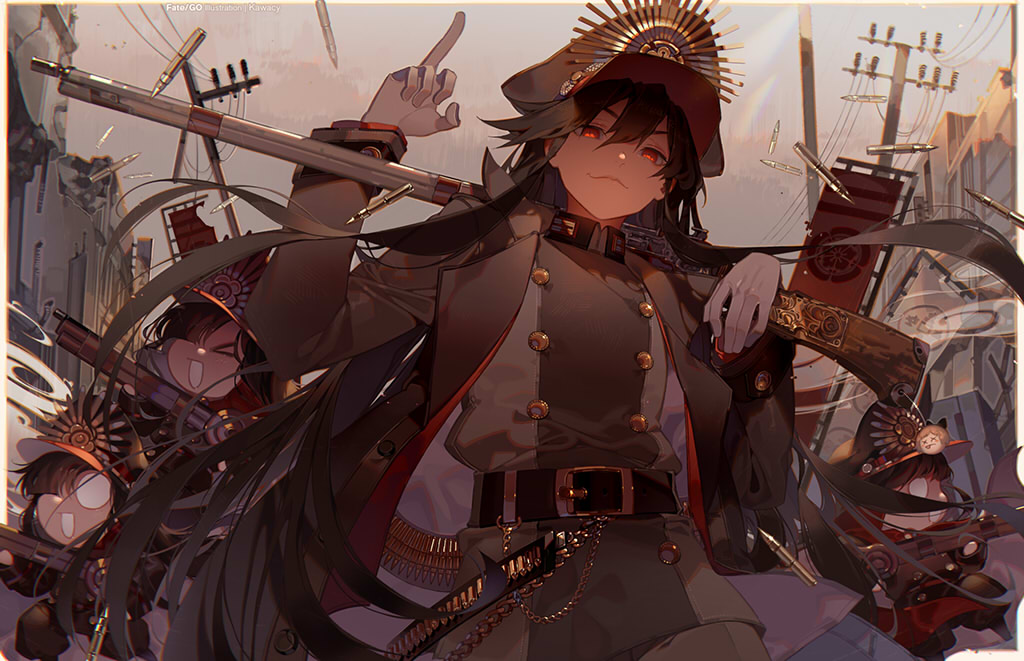 >_<, 4girls, antique_firearm, artist_name, belt, belt_buckle, black_hair, buckle, building, bullet, buttons, chain, chibi, commentary_request, copyright_name, double-breasted, fate/grand_order, fate_(series), firearm, firing, flag, gloves, gun, hair_between_eyes, hand_up, hat, holding, holding_gun, holding_weapon, jacket, kawacy, keikenchi_(style), koha-ace, long_hair, long_sleeves, looking_at_viewer, middle_finger, mini_nobu_(fate), multiple_girls, oda_nobunaga_(fate), oda_nobunaga_(kaiser)_(fate), oda_nobunaga_(koha-ace), oda_uri, official_alternate_costume, outdoors, over_shoulder, peaked_cap, power_lines, red_eyes, sky, smile, smoke, standing, weapon, weapon_over_shoulder, white_gloves