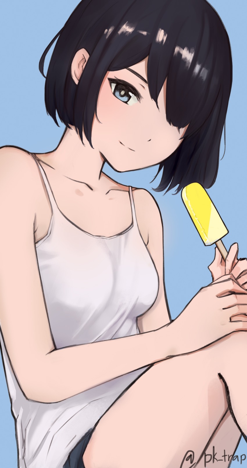 1girl, absurdres, artist_name, bare_legs, black_hair, blue_eyes, bob_cut, camisole