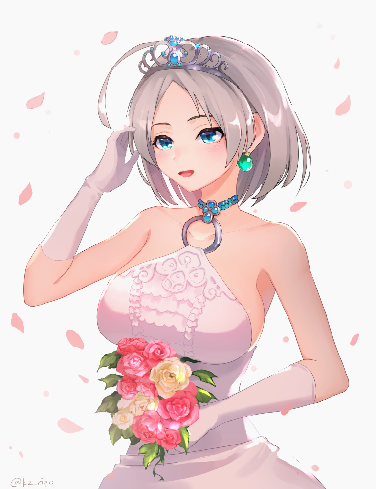 1girl, :d, ahoge, bare_shoulders, blue_eyes, bouquet, breasts, collarbone