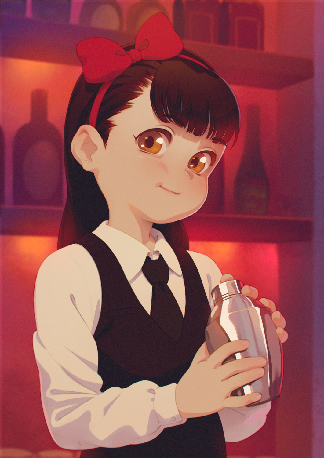 10s, 1girl, alkemanubis, bar_(place), bartender, black_hair, black_necktie, blunt_bangs, bottle, bow, brown_eyes, cocktail_shaker, collared_shirt, dress_shirt, female_focus, hair_bow, highres, hinamatsuri_(manga), holding, holding_cocktail_shaker, indoors, long_hair, looking_at_viewer, mishima_hitomi, necktie, red_background, shelf, shirt, smile, solo, upper_body, vest, waistcoat, white_shirt