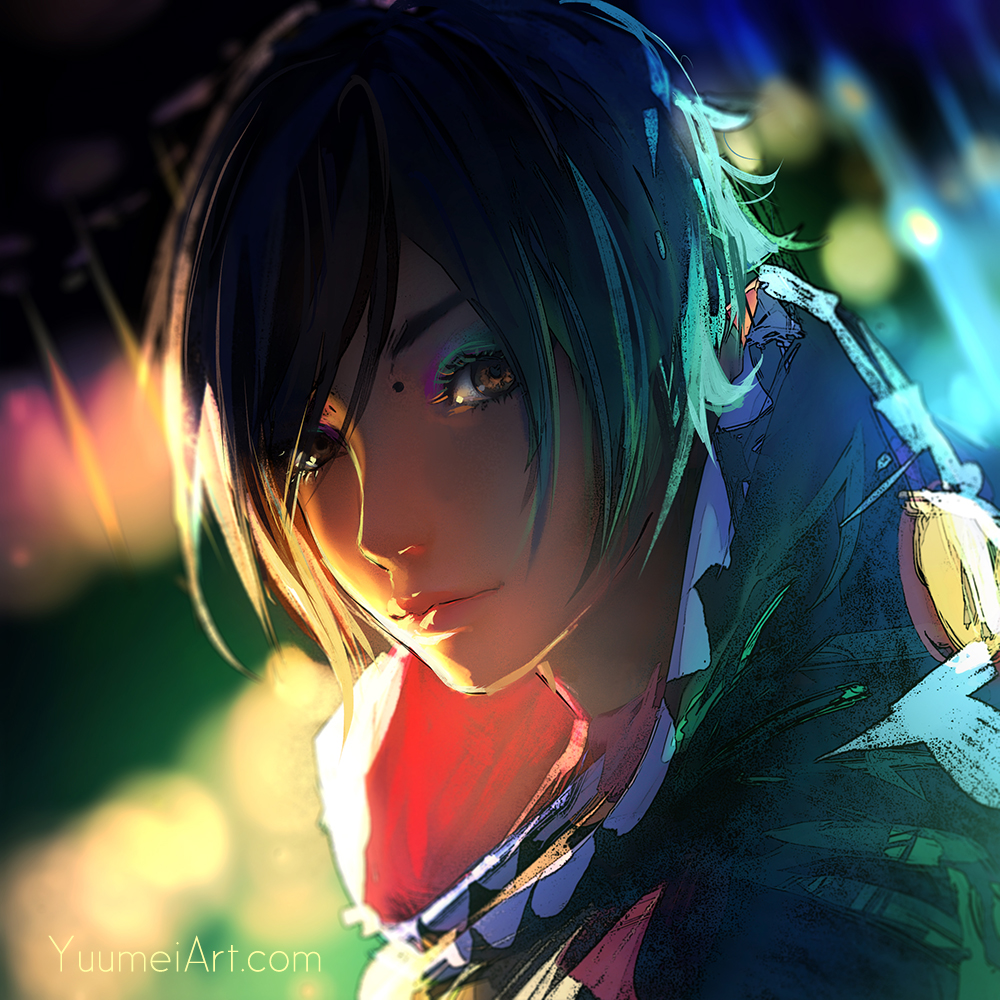 1girl, black_eyes, black_hair, blurry, blurry_background, close-up, closed_mouth, eyeshadow, female_focus, fisheye_placebo, hood, hood_down, jen_(fisheye_placebo), lips, looking_at_viewer, makeup, mole, short_hair, solo, watermark, web_address, yuumei