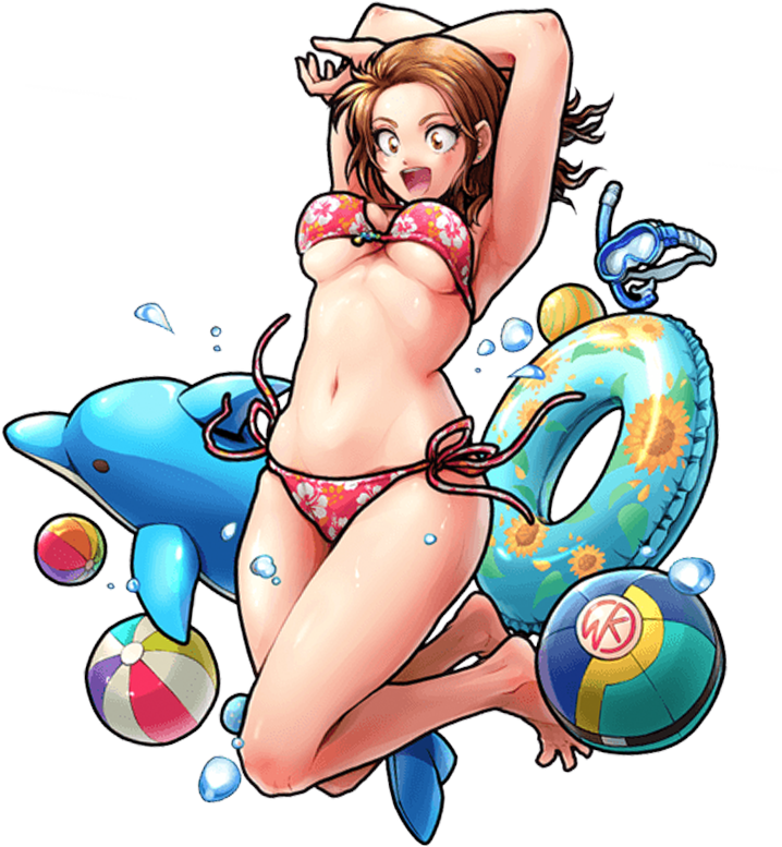 1girl, barefoot, bikini, brown_hair, female_focus, kinnikuman, long_hair, nikaidou_rinko_(kinnikuman), official_art, shiny_skin, smile, swimsuit, twintails