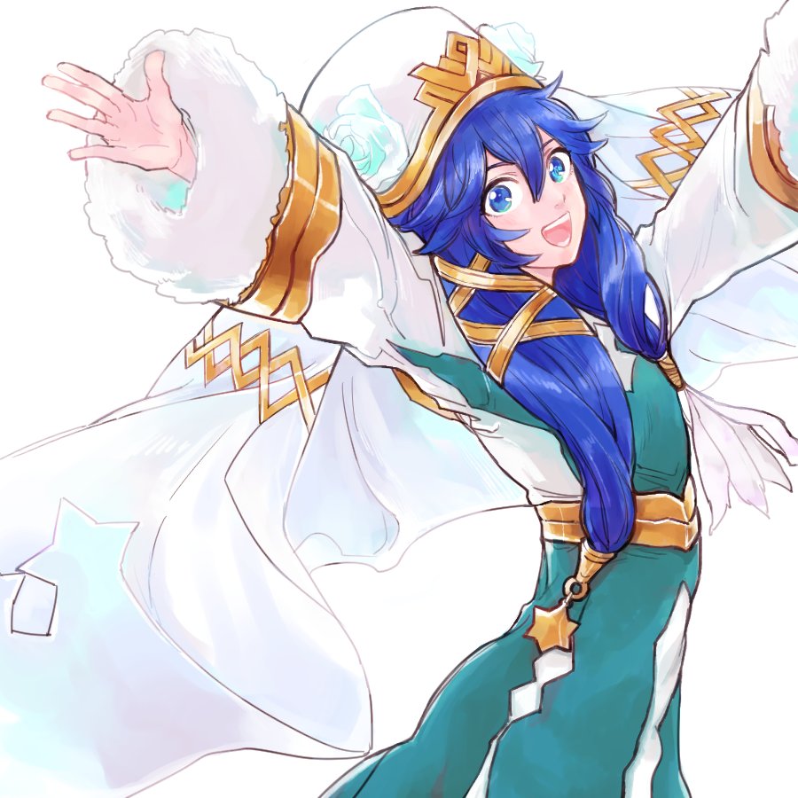 1girl, blue_dress, blue_eyes, blue_hair, cosplay, dress, female_focus, fire_emblem, fire_emblem_awakening, fire_emblem_heroes, fur_trim, gunnthra_(fire_emblem), gunnthra_(fire_emblem)_(cosplay), hair_between_eyes, long_hair, long_sleeves, lucina_(fire_emblem), nezumoto, nintendo, open_mouth, outstretched_arms, simple_background, solo, spread_arms, veil, white_background