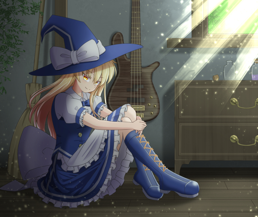 1girl, bare_legs, black_boots, blonde_hair, boots, bow, bowtie, broom, drawer, dress, frilled_dress, frilled_skirt, frills, fusen, guitar, hat, indoors, instrument, kirisame_marisa, lace-up_boots, legs_together, looking_at_viewer, own_hands_together, sitting, skirt, smug, sunlight, touhou, window, witch, witch_hat, yellow_eyes
