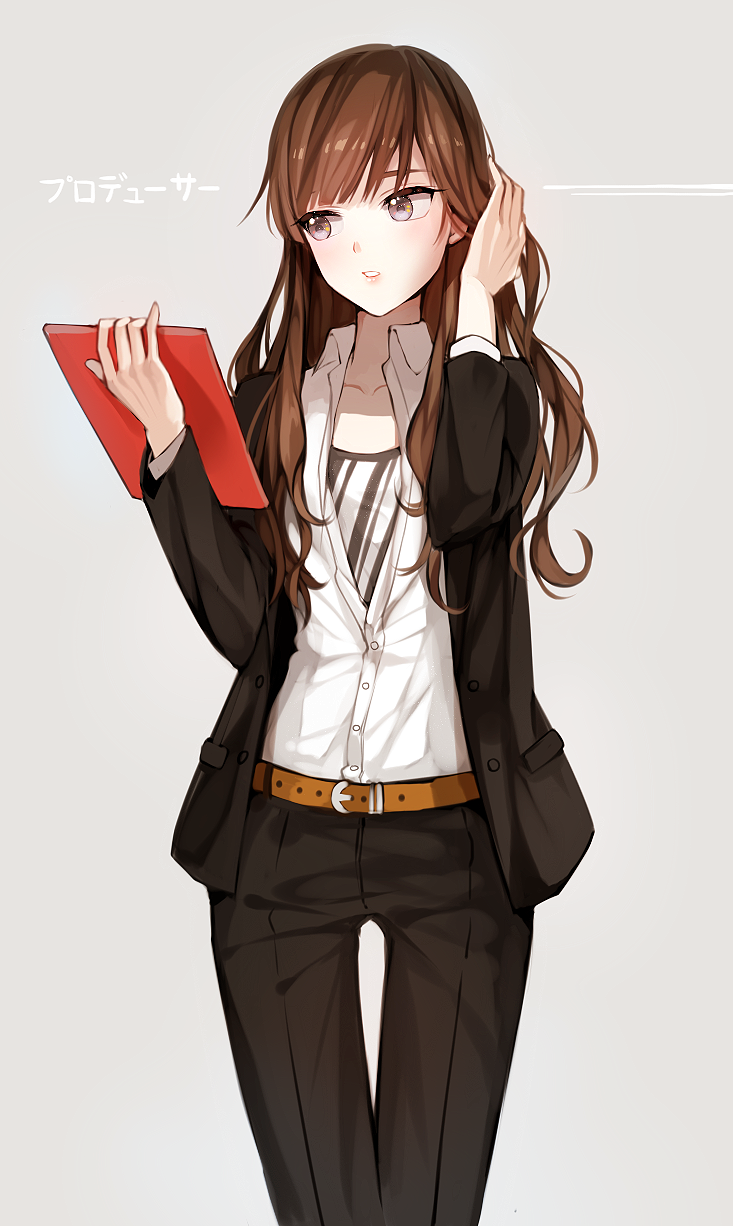 1girl, belt, berii_(cad_berry), black_jacket, black_pants, brown_eyes, brown_hair, character_request