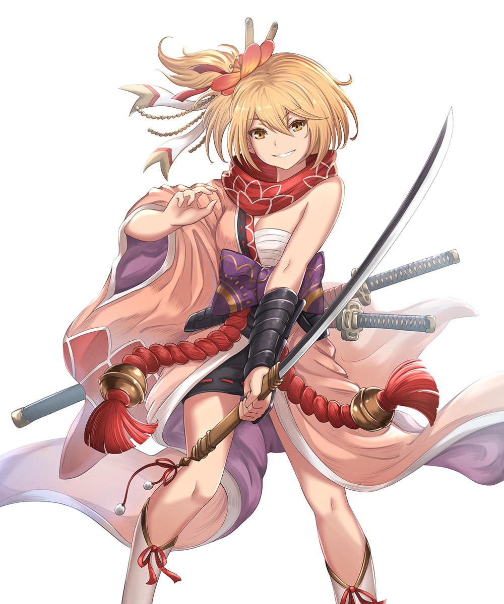 1girl, arm_guards, bell, black_skirt, blonde_hair, breasts, brown_eyes, djeeta_(granblue_fantasy), female_focus, flower, granblue_fantasy, grin, hair_between_eyes, hair_flower, hair_ornament, hair_stick, highres, holding, holding_sword, holding_weapon, japanese_clothes, katana, kengo_(granblue_fantasy), kimono, looking_at_viewer, medium_breasts, miniskirt, multiple_swords, obi, one_side_up, pink_kimono, red_rope, ribbon-trimmed_skirt, ribbon_trim, rope, sarashi, sash, scarf, shimenawa, short_hair, single_bare_shoulder, skirt, smile, solo, sword, weapon, white_background, wide_sleeves, yuki7128