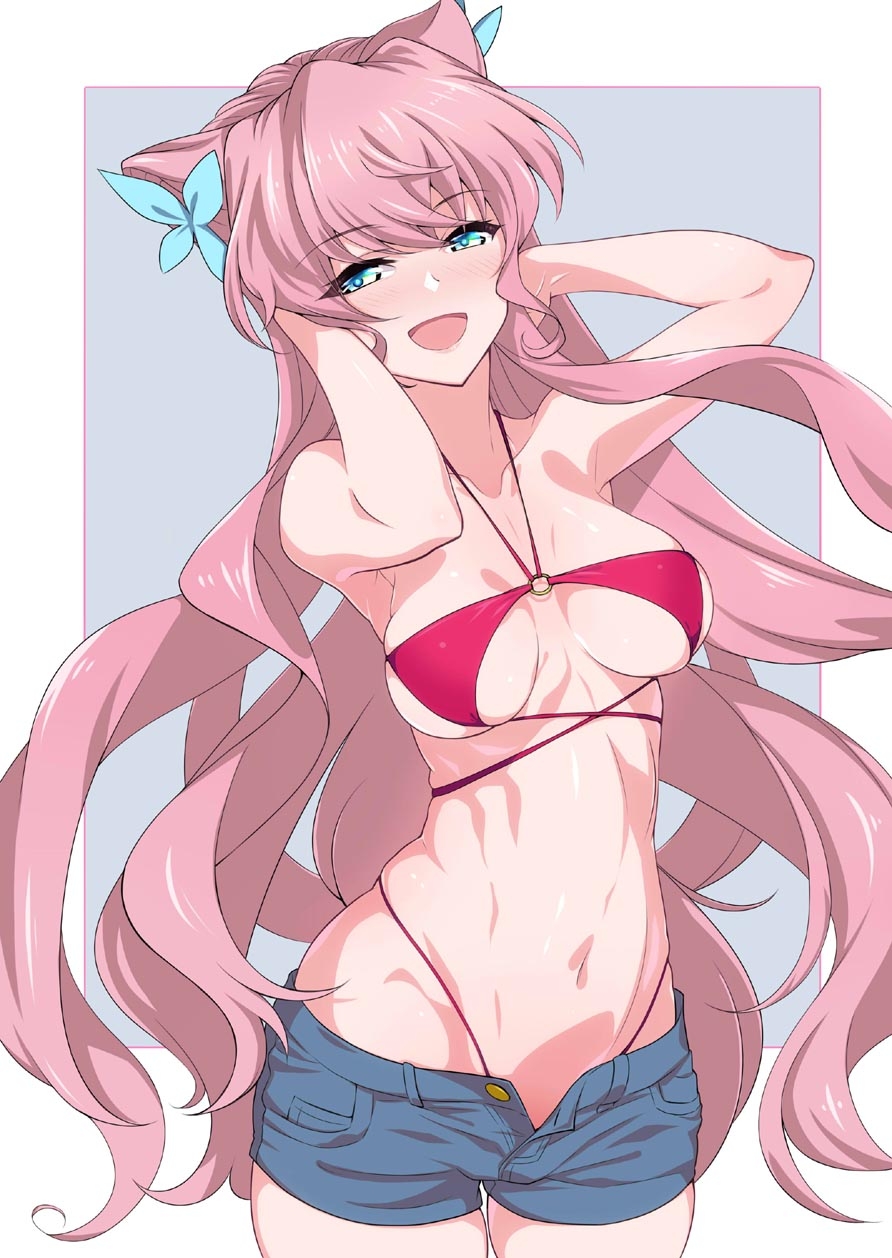 1girl, aqua_flower, bikini, bikini_under_clothes, blue_background, blue_eyes, blue_flowers, border