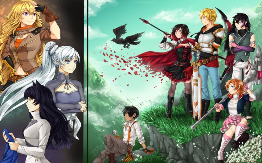 3boys, 5girls, animal_ears, armor, belt, bird, black_gloves, black_hair
