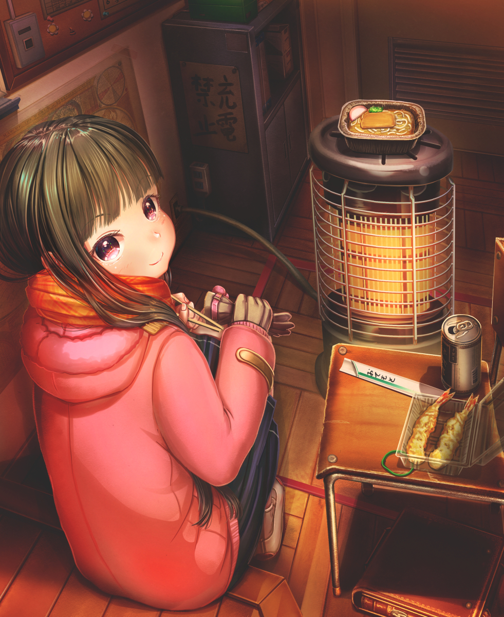 1girl, aiuabo, black_eyes, black_hair, blunt_bangs, book, can, chair