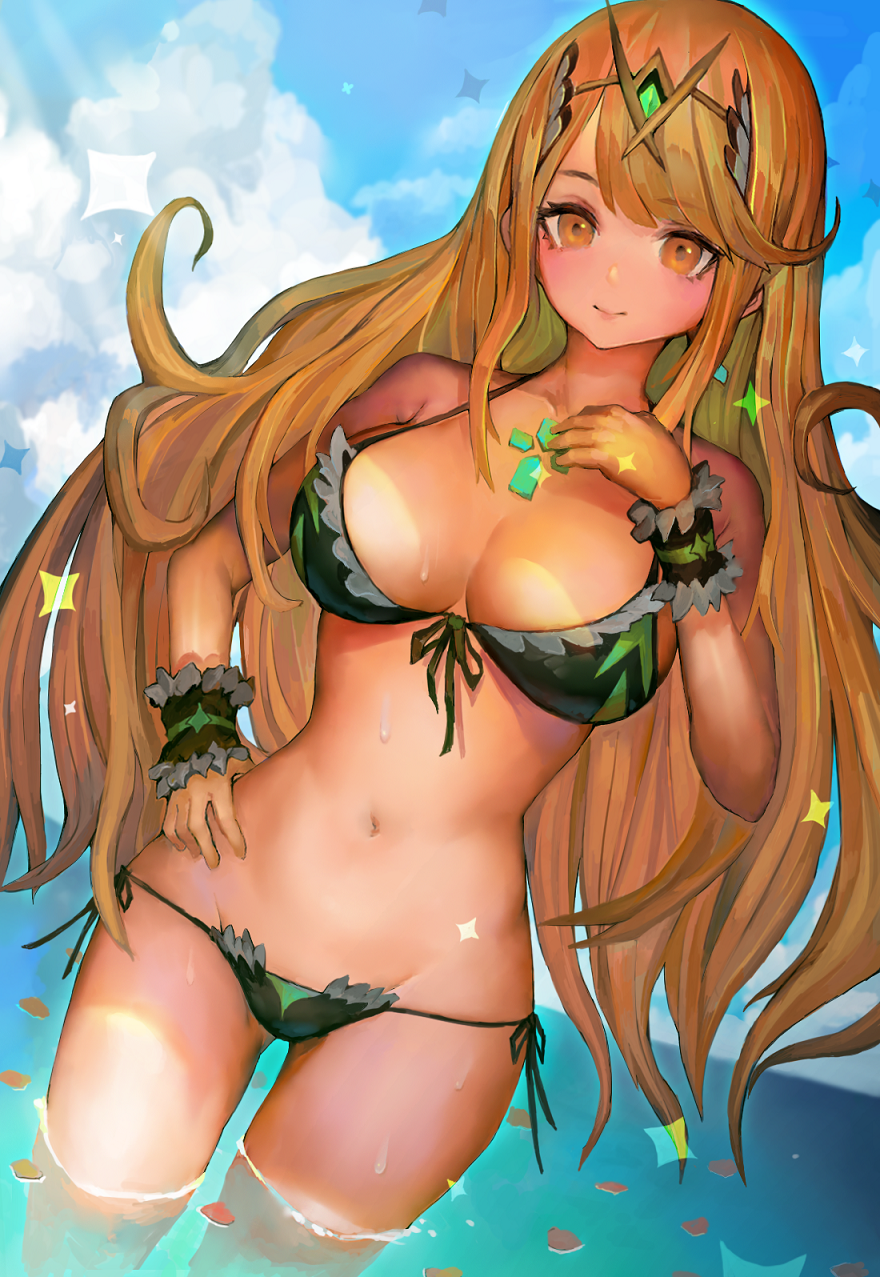 1girl, bare_shoulders, bikini, black_bikini, blonde_hair, blue_sky, breasts, cleavage