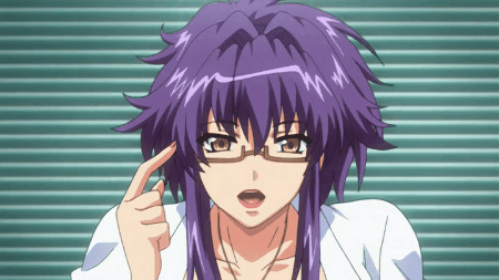 10s, 1girl, animated, animated_gif, blouse, glasses, lab_coat, lipstick, long_hair, lowres, makeup, nail_polish, oppai_no_ouja_48, ponytail, purple_hair, scientific, screencap, shirt, takashima_miyu, yellow_eyes