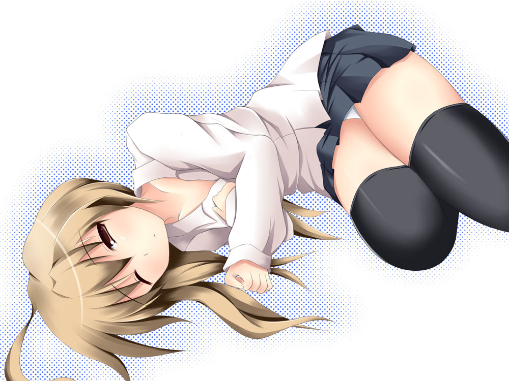 00s, 1girl, aisaka_taiga, bad_anatomy, brown_eyes, brown_hair, female_focus, long_hair, narumi_(artist), narumi_yuu_(imitmoon), one_eye_closed, panties, pantyshot, poorly_drawn, skirt, sleepy, solo, thighhighs, toradora!, underwear, wink