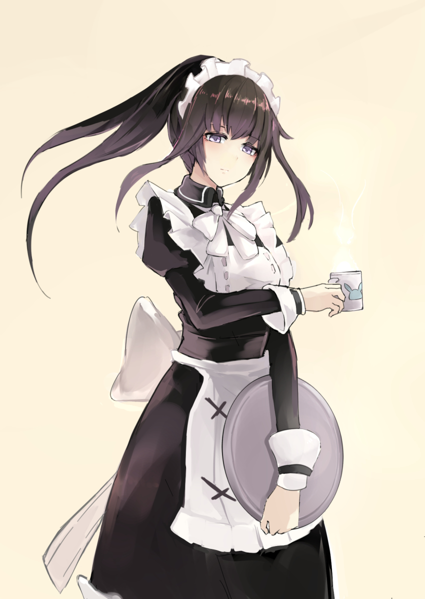 1girl, apron, back_bow, black_hair, black_shirt, black_skirt, bow, bowtie