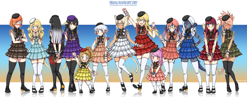 6+girls, absurdres, alisaie_leveilleur, animal_ears, au_ra, black_hair, black_legwear, black_skin