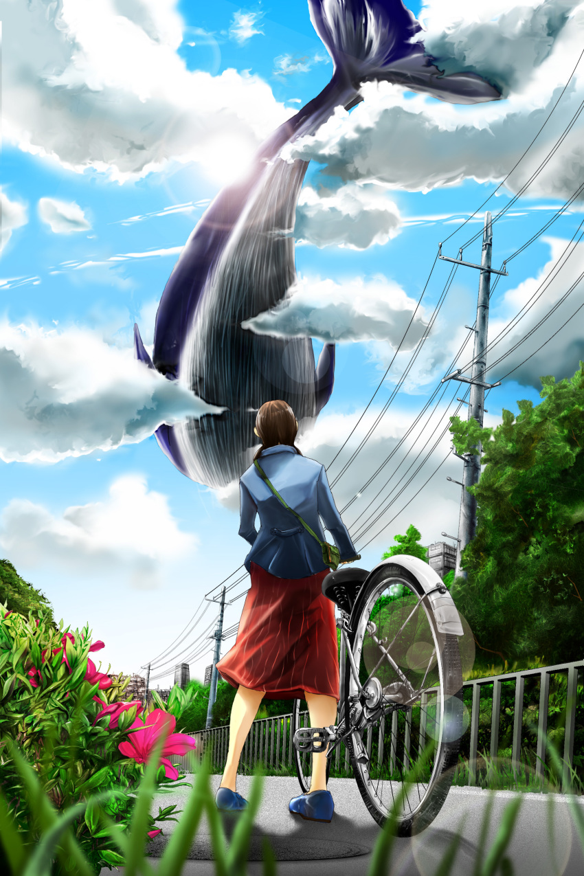 00s, 1girl, 71_(nanaichi_drafting), absurdres, azalea_(flower), bag, bicycle, cloud