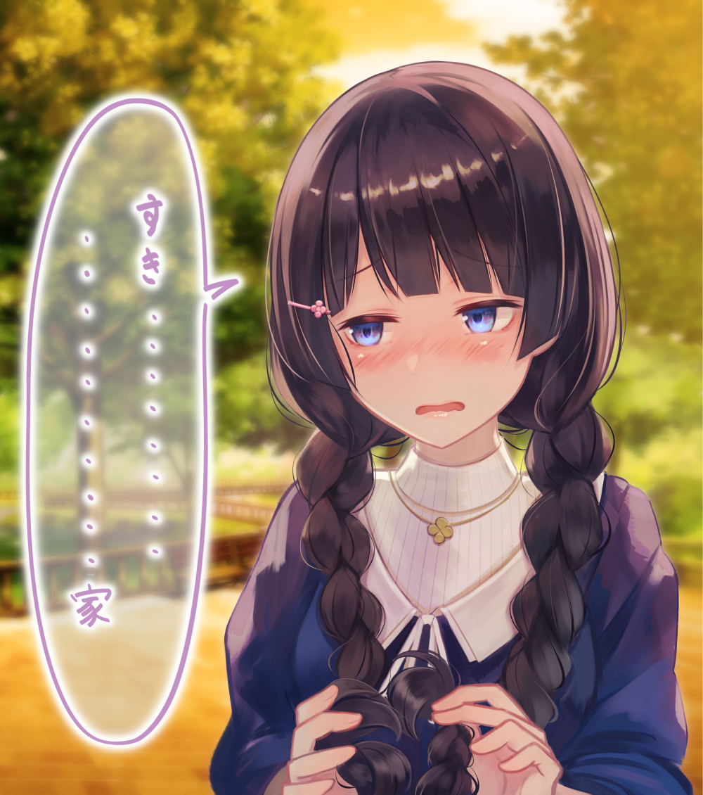 1girl, black_hair, blue_eyes, blurry, blurry_background, blush, braid, brat_(brabrabrat00)