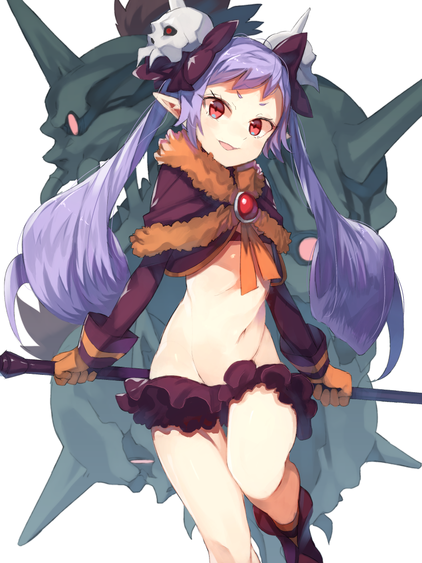 1girl, bad_id, bad_pixiv_id, boots, bow, brooch, brown_gloves, capelet, commentary_request, crop_top, disgaea, feet_out_of_frame, female_focus, frilled_skirt, frills, fur_trim, gloves, groin, hair_bow, hair_ornament, holding, jewelry, light_purple_hair, long_hair, long_sleeves, looking_at_viewer, majorita_(disgaea), makai_senki_disgaea, makai_wars, microskirt, midriff, navel, open_mouth, pointy_ears, purple_bow, purple_skirt, red_eyes, simple_background, skirt, skull_hair_ornament, smile, solo, standing, standing_on_one_leg, stomach, suminagashi, thighs, twintails, white_background