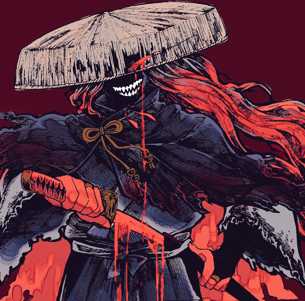 1boy, ajirogasa, blood, bloody_weapon, cloak, colored_skin, crazy_smile, drawing_sword