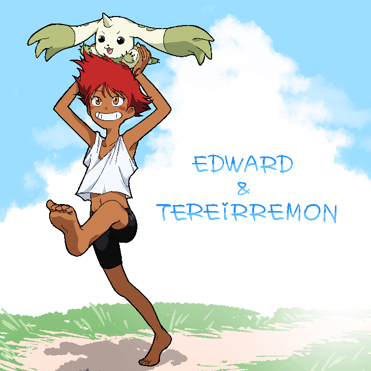 1girl, bad_id, bad_pixiv_id, barefoot, blush_stickers, character_name, cowboy_bebop, creature, crossover, dark_skin, digimon, digimon_(creature), digimon_tamers, edward_wong_hau_pepelu_tivrusky_iv, feet, full_body, himushi164, horns, midriff, navel, pixel_art, red_hair, short_hair, single_horn, smile, soles, tada_aoi, terriermon, toes, voice_actor_connection