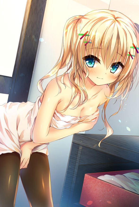 1girl, bare_shoulders, black_pantyhose, blonde_hair, blue_eyes, blush, box, breasts
