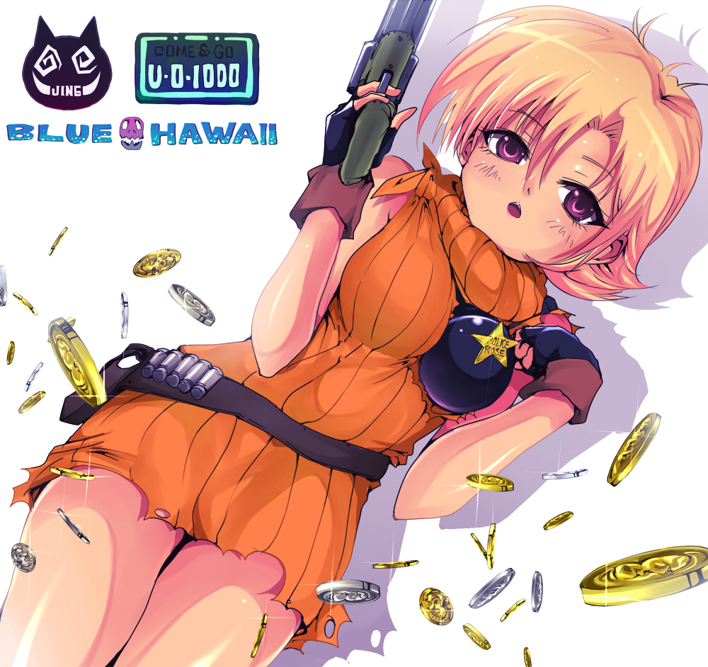 1girl, badge, belt, blonde_hair, blush, breasts, bullet, coin, dress, dutch_angle, female_focus, fingerless_gloves, flower, gloves, gun, holster, jing_girl, jing_king_of_bandits, kasai_shin, money, open_mouth, police, purple_eyes, rose, rose_(jing_king_of_bandits), short_dress, short_hair, sleeveless, sleeveless_turtleneck, solo, star_(symbol), thigh_gap, thighs, torn_clothes, turtleneck, weapon