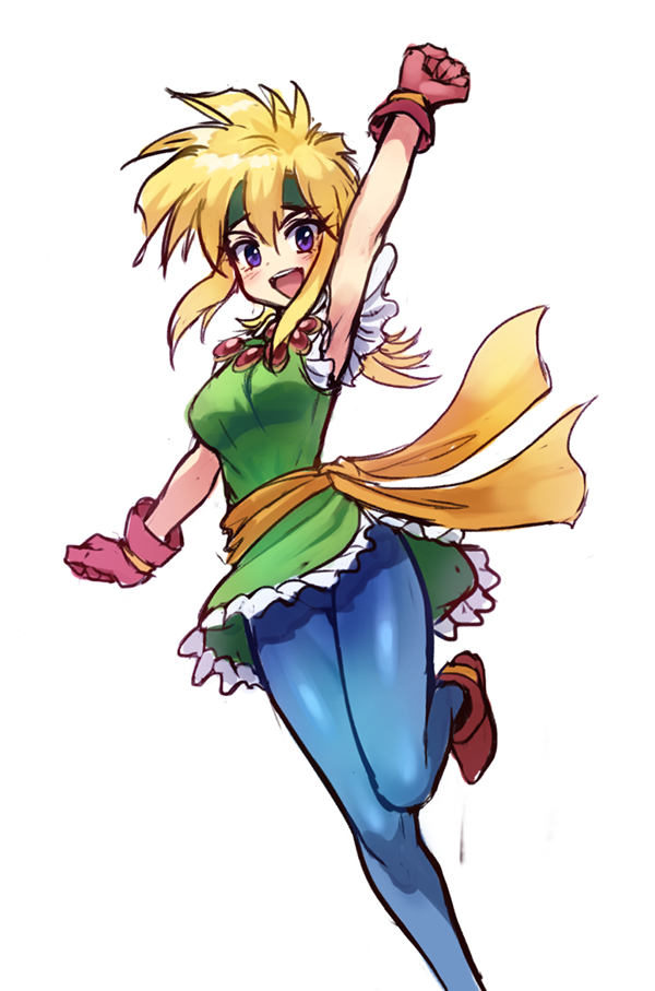 1girl, :d, arm_up, bad_id, bad_pixiv_id, blonde_hair, blue_pantyhose, boots, breasts, clenched_hands, dress, female_focus, gem, gloves, gokudou-kun_man'yuuki, green_dress, hair_between_eyes, headband, jagaimo_(kkamja), jewelry, leg_up, long_hair, looking_at_viewer, medium_breasts, necklace, open_mouth, pantyhose, purple_eyes, red_boots, red_gloves, rubette_la_lette, sidelocks, simple_background, sleeveless, sleeveless_dress, smile, solo, teeth, white_background