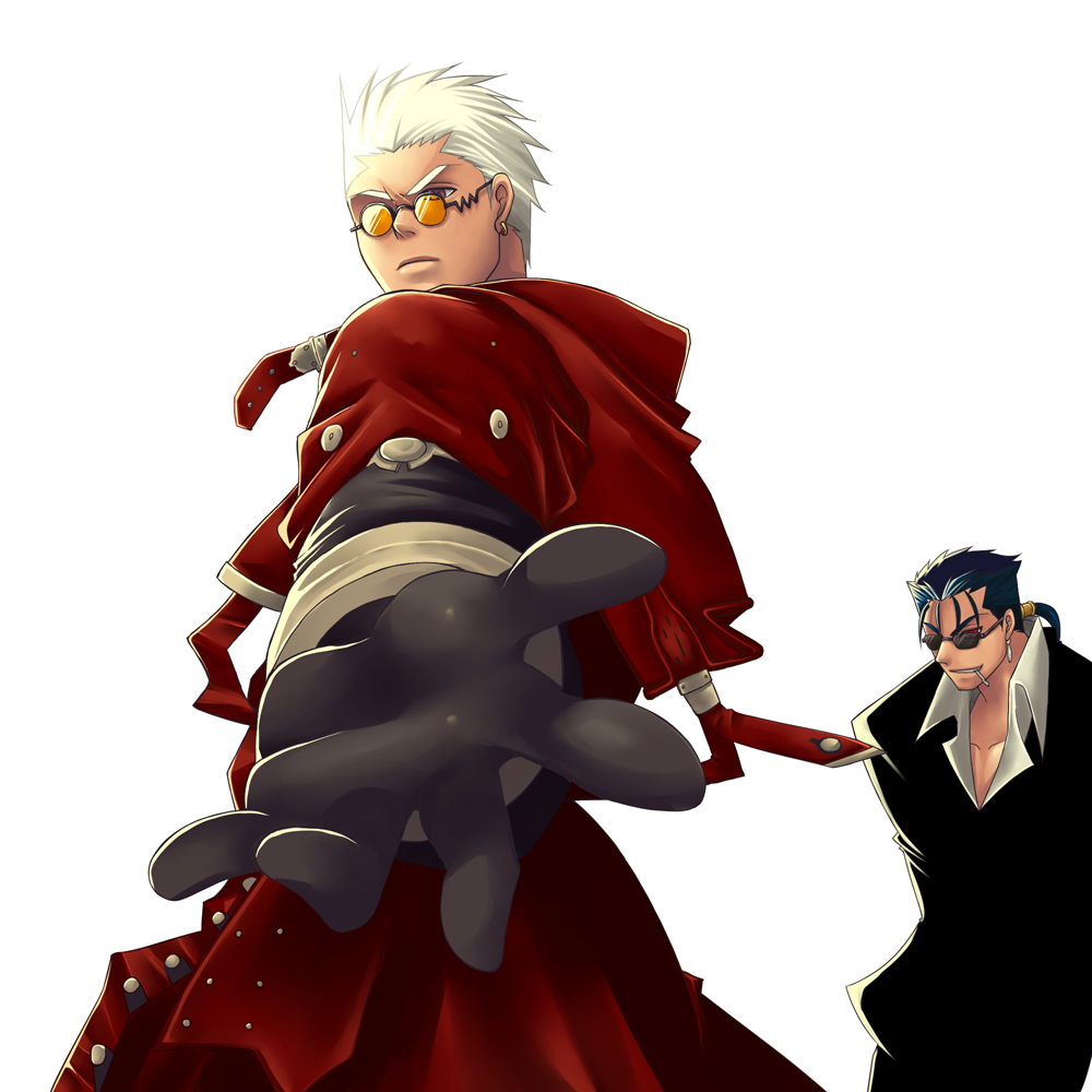 2boys, archer_(fate), black_hair, cigarette, coat, cosplay, cu_chulainn_(fate), cu_chulainn_(lancer)_(fate)