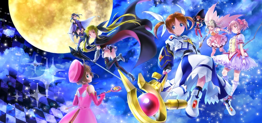 6+girls, armor, ass, bardiche_(bullova_form)_(nanoha), bardiche_(nanoha), bare_shoulders, black_hair, blonde_hair