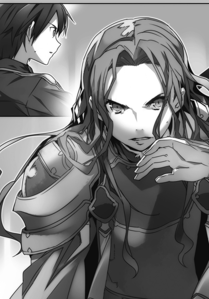 1boy, 1girl, armor, bunbun, clenched_teeth, fanatio, fanatio_synthesis_two, greyscale