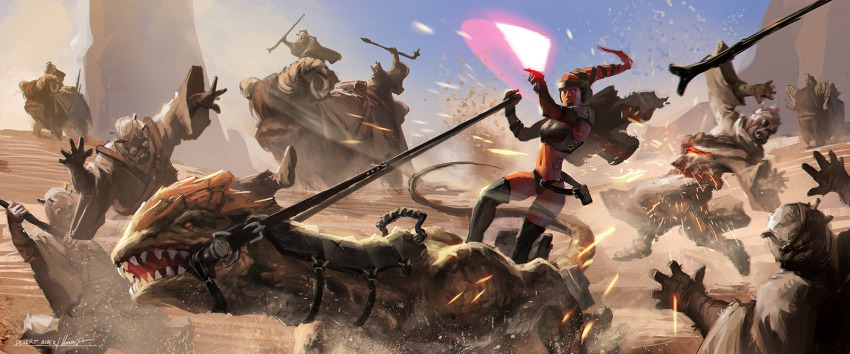 1girl, albert_urmanov, alien, armor, bantha, battle, beam_rifle, belt