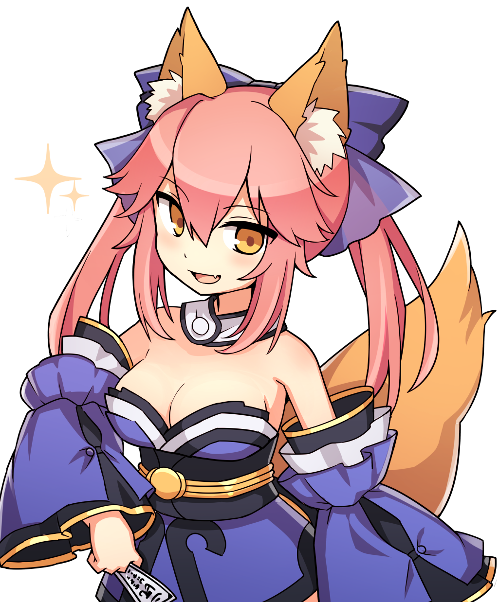 10s, 1girl, animal_ear_fluff, animal_ears, bare_shoulders, blue_ribbon, breasts, cleavage, detached_sleeves, end_tieno, fang, fate/extra, fate/grand_order, fate_(series), female_focus, fox_ears, fox_tail, hair_ribbon, highres, japanese_clothes, large_breasts, looking_at_viewer, ofuda, open_mouth, pink_hair, ribbon, simple_background, solo, tail, tamamo_no_mae_(fate), white_background, yellow_eyes