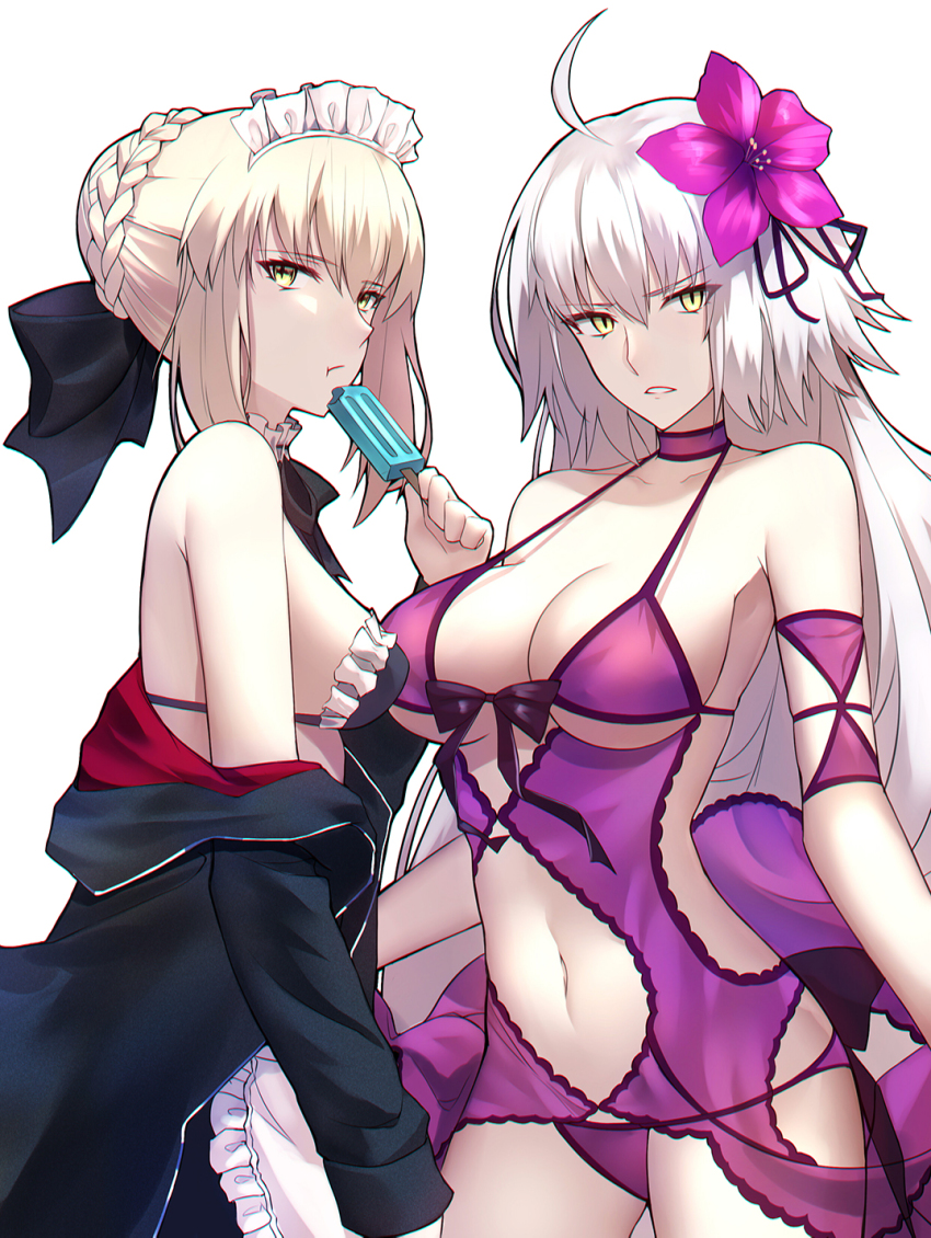 2girls, ahoge, apron, artoria_pendragon_(fate), bare_shoulders, bikini, bikini_top_only, black_bikini