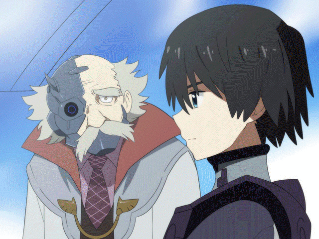 10s, 2boys, animated, animated_gif, black_bodysuit, black_hair, blue_eyes, bodysuit, coat, darling_in_the_franxx, dr._franxx, facial_hair, gloves, hiro_(darling_in_the_franxx), kisaragi_zwei, long_coat, male_focus, mecha_pilot_suit, multiple_boys, multiple_girls, mustache, necktie, old, old_man, purple_neckwear, short_hair, sweat, translation_request, virm_(darling_in_the_franxx), white_coat, white_gloves, white_hair