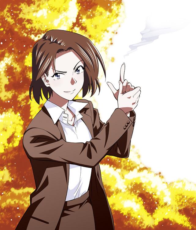 1girl, acai, black_skirt, brown_hair, business_suit, collared_shirt, female_focus, finger_gun