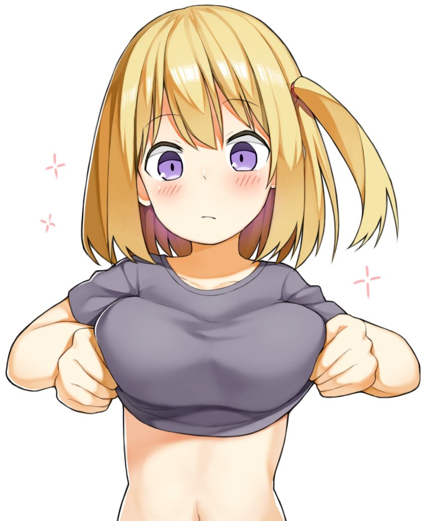 1girl, blonde_hair, blush, breasts, clothes_lift, dairininn, female_focus, highres