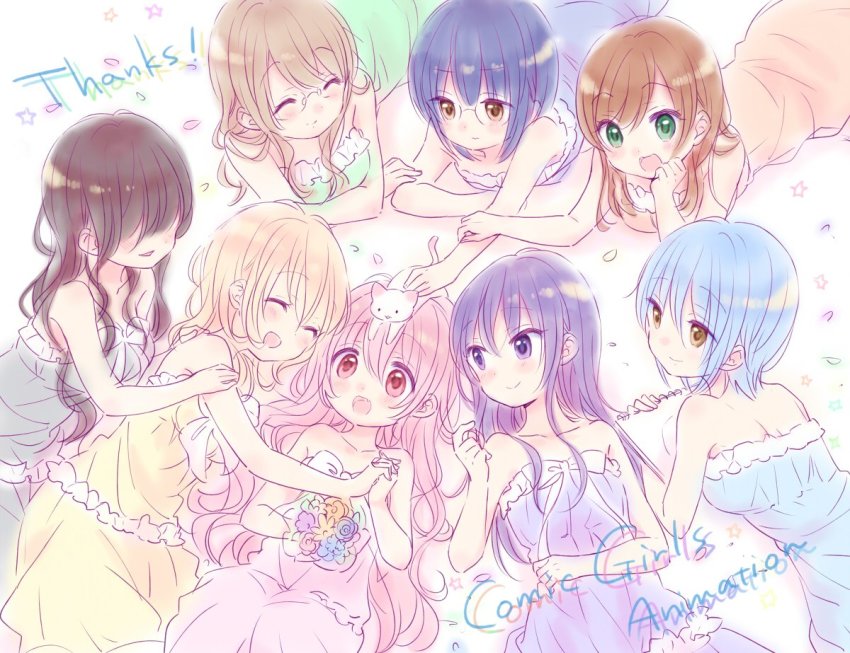10s, 6+girls, :d, ^_^, amisawa_mayu, black_hair, blonde_hair, blue_dress