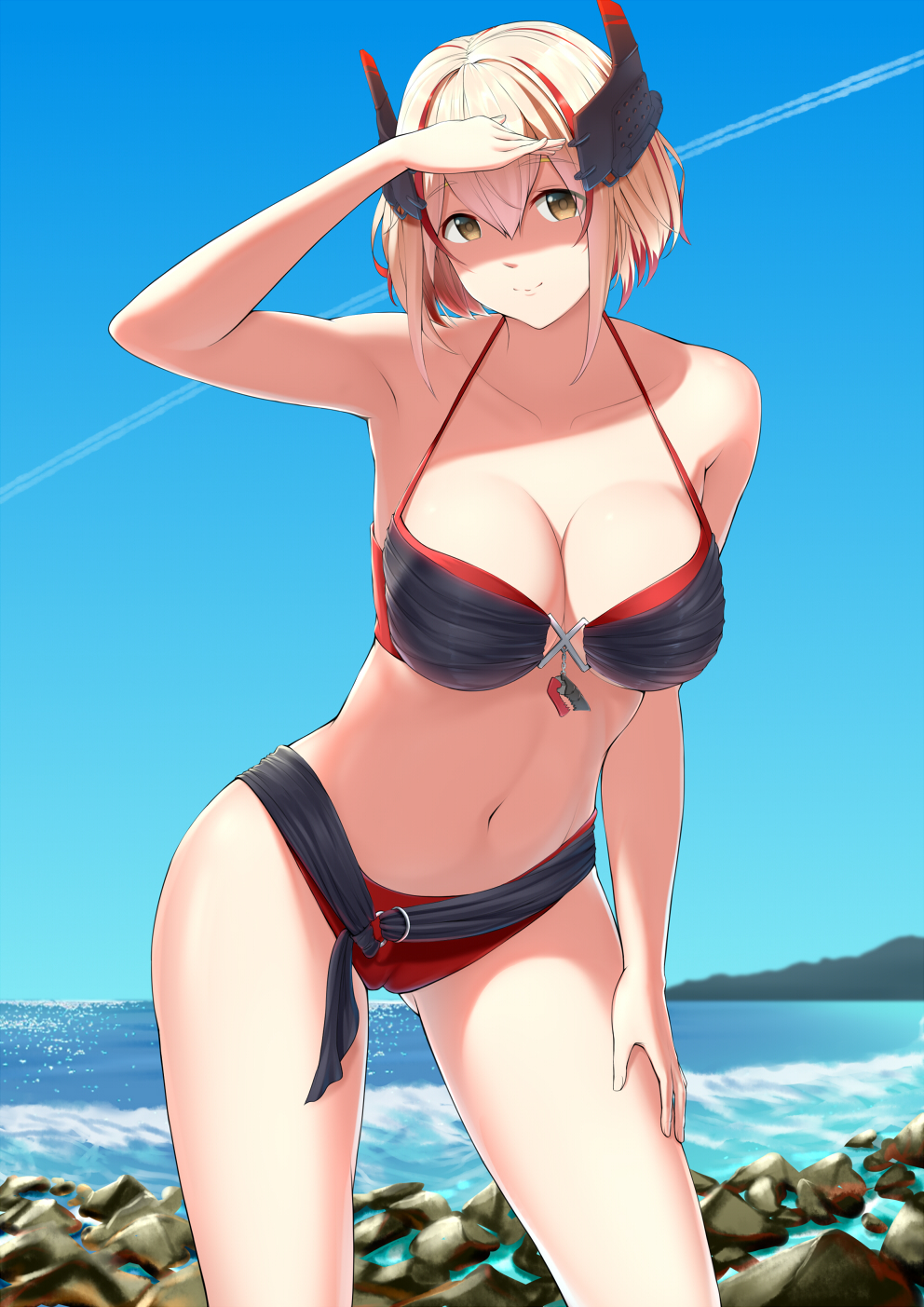 1girl, azur_lane, bikini, blonde_hair, blue_sky, breasts, brown_eyes, cameltoe