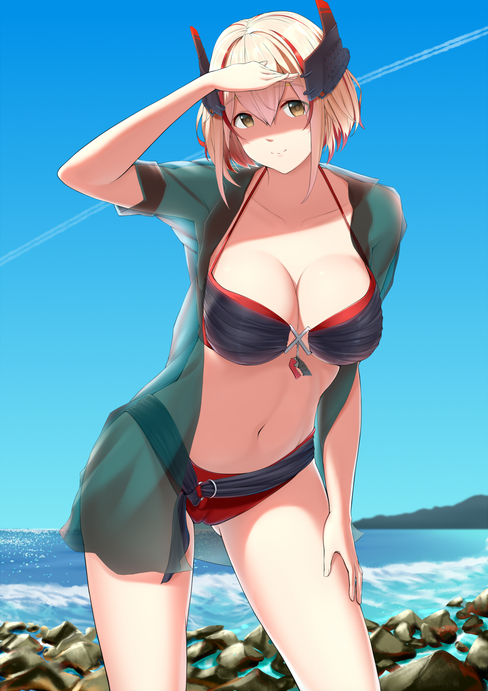 1girl, azur_lane, bikini, blonde_hair, blue_sky, breasts, brown_eyes, cameltoe