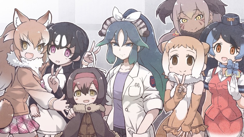 10s, 6+girls, :d, animal_ears, black_hair, blue_hair, blue_neckwear, bow, bowtie, breast_pocket, brown_eyes, brown_gloves, brown_hair, collarbone, collared_shirt, commentary, dodo_(kemono_friends), ear_piercing, elbow_gloves, empty_eyes, english_commentary, extra_ears, facepaint, fang, fingerless_gloves, fur_collar, gloves, gradient_hair, great_auk_(kemono_friends), green_hair, hair_between_eyes, hair_ribbon, hand_in_pocket, hat, head_wings, japanese_otter_(kemono_friends), japanese_wolf_(kemono_friends), japari_symbol, japari_symbol_print, kako_(kemono_friends), kemono_friends, lab_coat, long_hair, long_sleeves, looking_at_viewer, miniskirt, multicolored_hair, multiple_girls, north_island_giant_moa_(kemono_friends), object_in_pocket, open_mouth, orange_eyes, otter_ears, otter_tail, passenger_pigeon_(kemono_friends), pen_in_pocket, pencil_skirt, piercing, pink_hair, plaid_clothes, plaid_neckwear, plaid_skirt, pleated_skirt, pocket, purple_eyes, red_vest, ribbon, sailor_collar, shirt, short_sleeves, skirt, sleeveless, sleeveless_shirt, smile, spotted_hair, tail, tanaka_kusao, thighhighs, two-tone_hair, v, vest, white_gloves, white_hair, white_ribbon, wings, wolf_ears, yellow_eyes, zettai_ryouiki