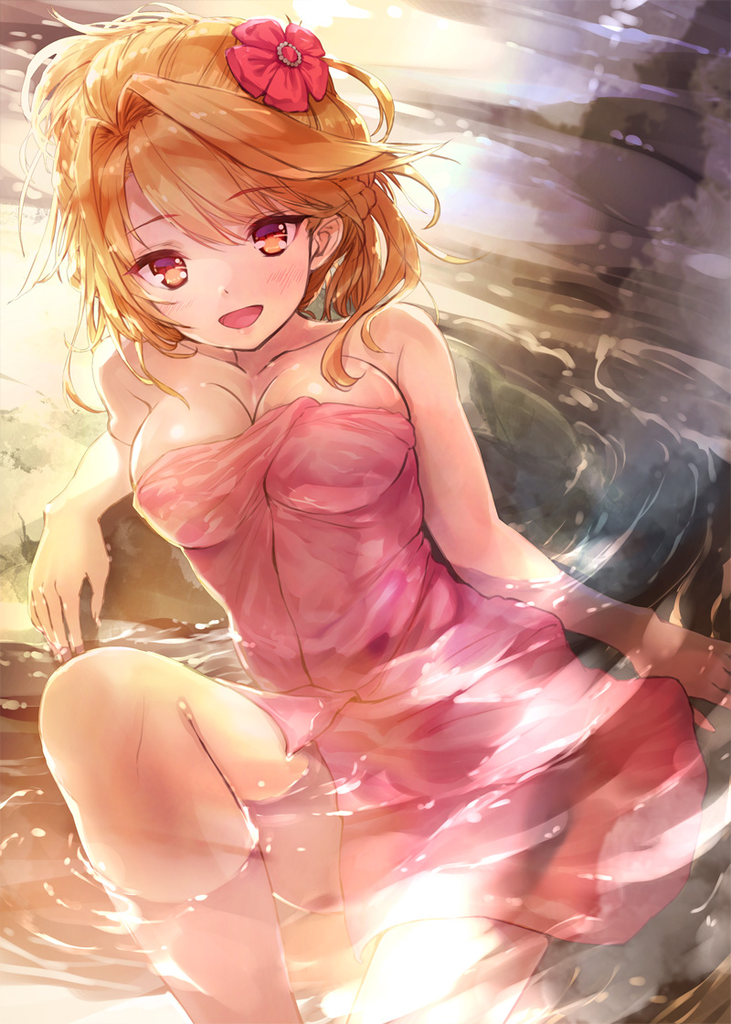 1girl, blonde_hair, blush, braid, breasts, cleavage, commentary_request, ek_masato, female_focus, from_above, hair_intakes, looking_at_viewer, onsen, outdoors, parted_bangs, shironeko_project, short_hair, side_braid, sierra_(shironeko_project), smile, solo, towel, water